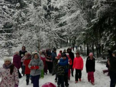 Līgatnes novada vidusskolas skolēni izbauda ziemu. LNV skolotāju foto.